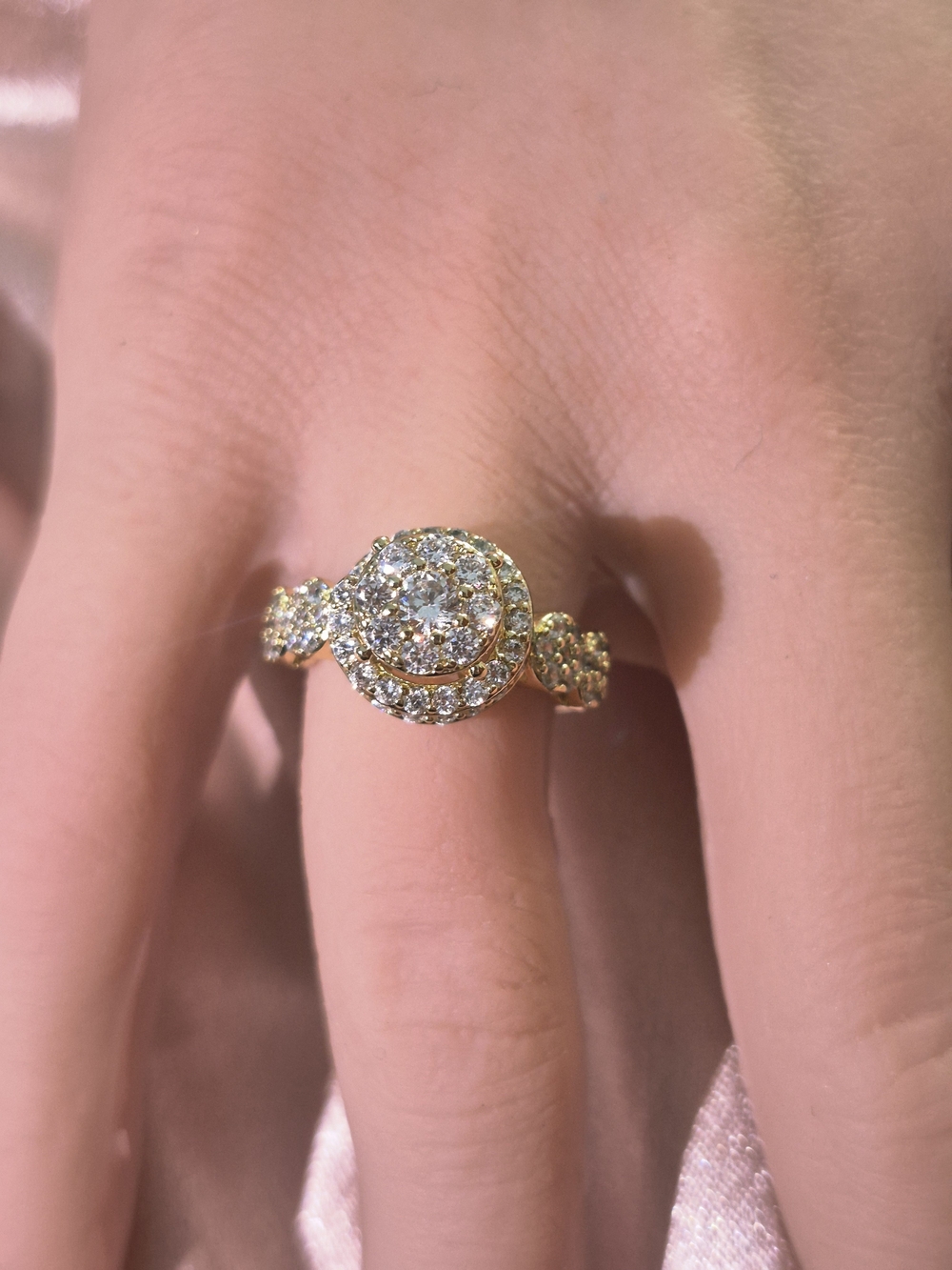 14k Gold Plated Halo Cluster Diamond Ring - Women Jewelry